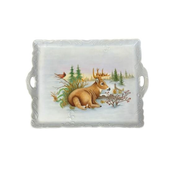 Vintage Hand painted Porcelain Tray with‎ Deer and Cardinal Signed by Artist EPC - Picture 1 of 5
